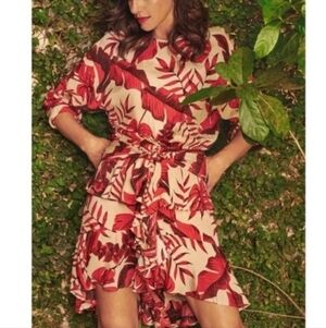 Johanna Ortiz Cream and Red Tropical Ruffle Mini Dress